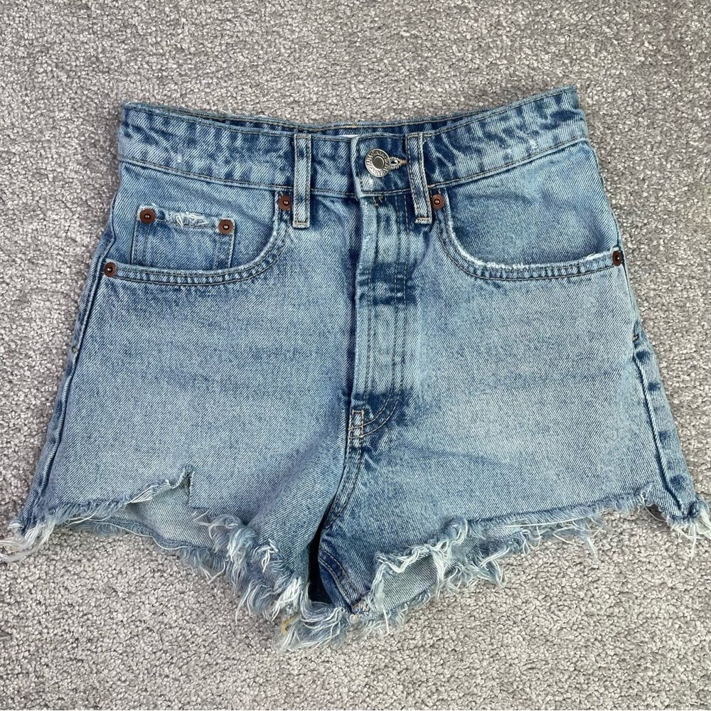 Zara Micro Shorts Women's 0 Blue Cut Off Frayed High Rise Button Fly Denim